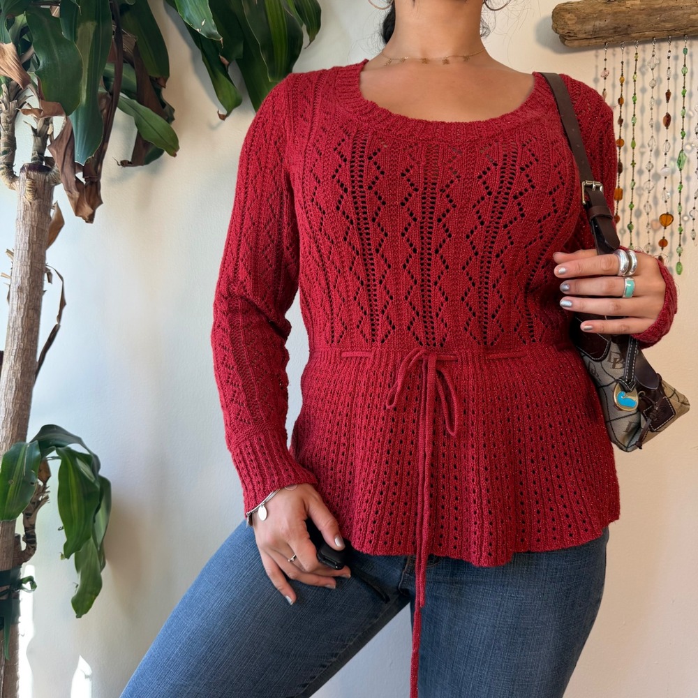 Elle Red Pointelle Knit Babydoll Sweater Sparkly Metallic Drawstring Large